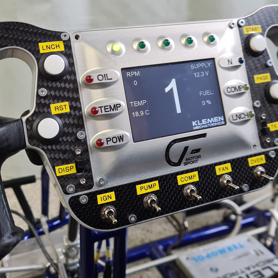 Go-kart steering wheel with display and paddle shifters